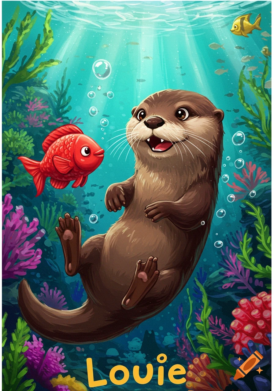 A cartoon otter named Louie swimming underwater with a red fish.