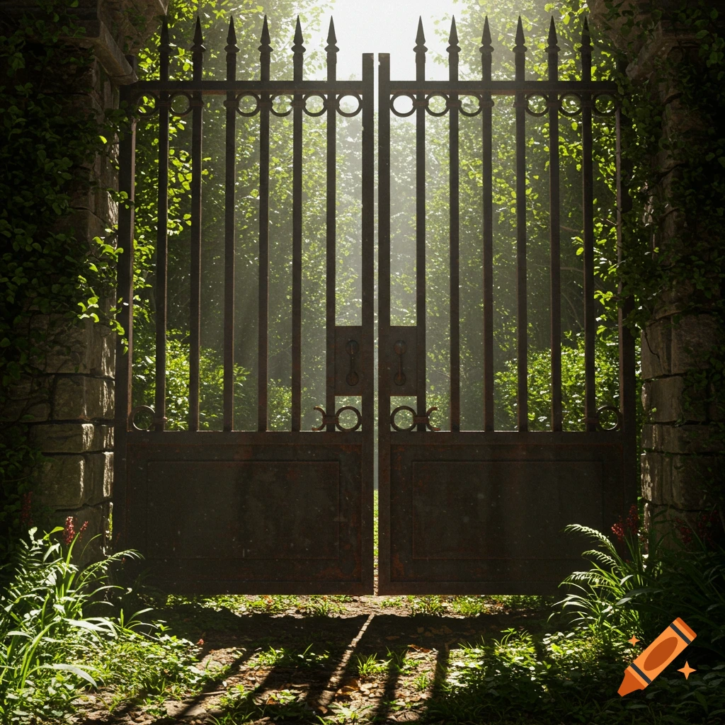 A rusty iron gate in a stone wall covered in ivy, leading into a sunlit forest.
