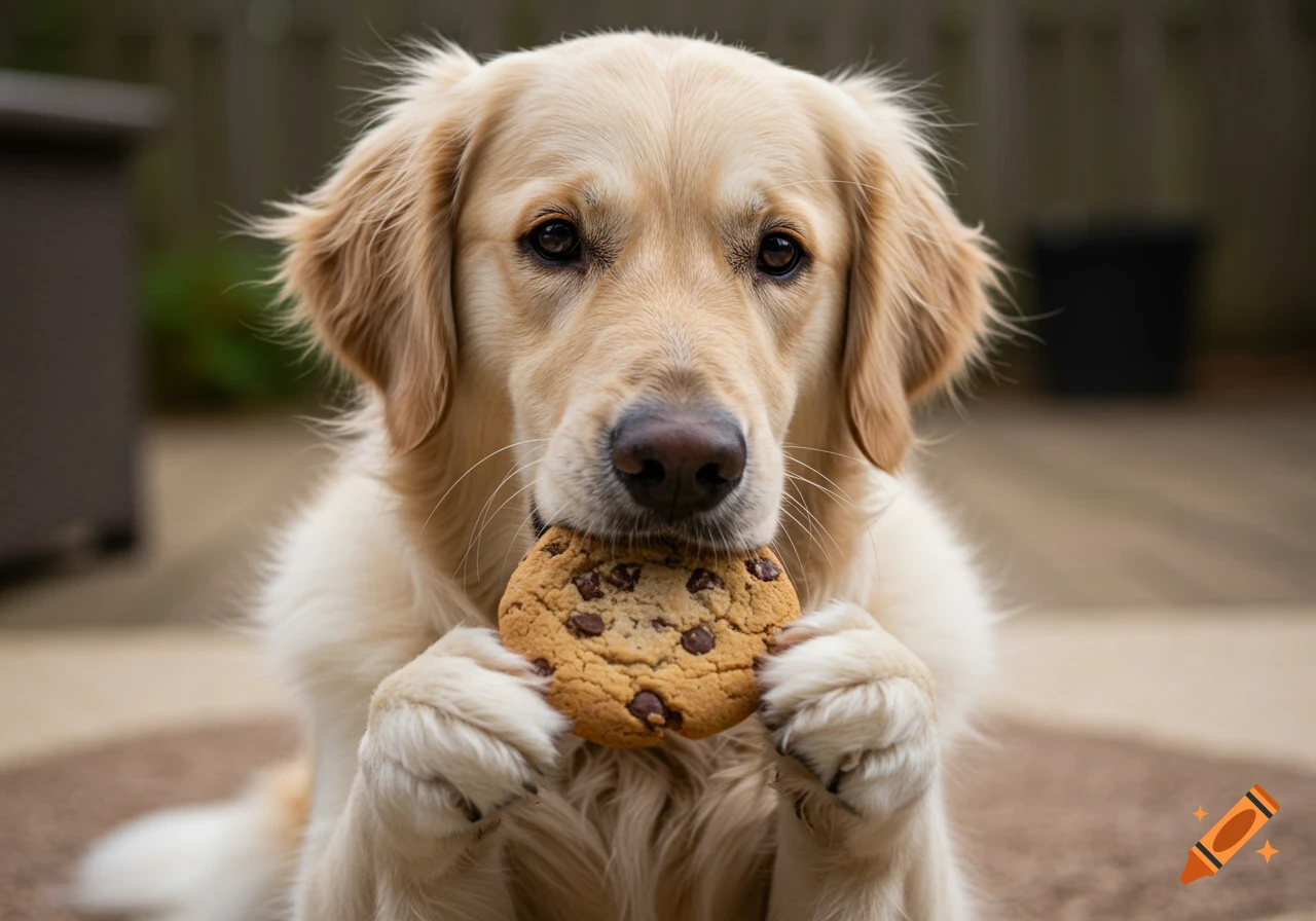 A golden retriever dog holds a chocolate chip cookie in its paws.