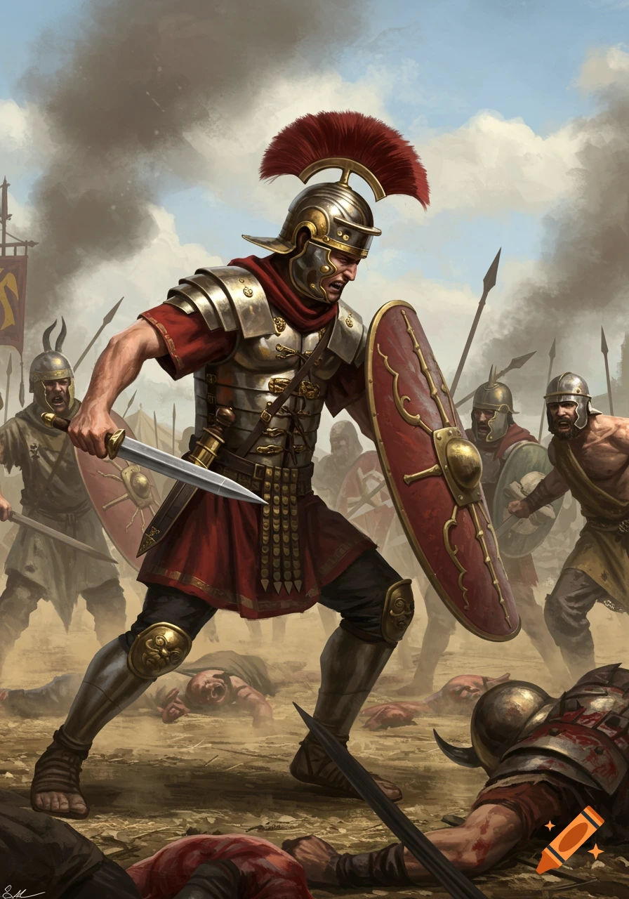 A Roman soldier in combat amidst fallen foes.