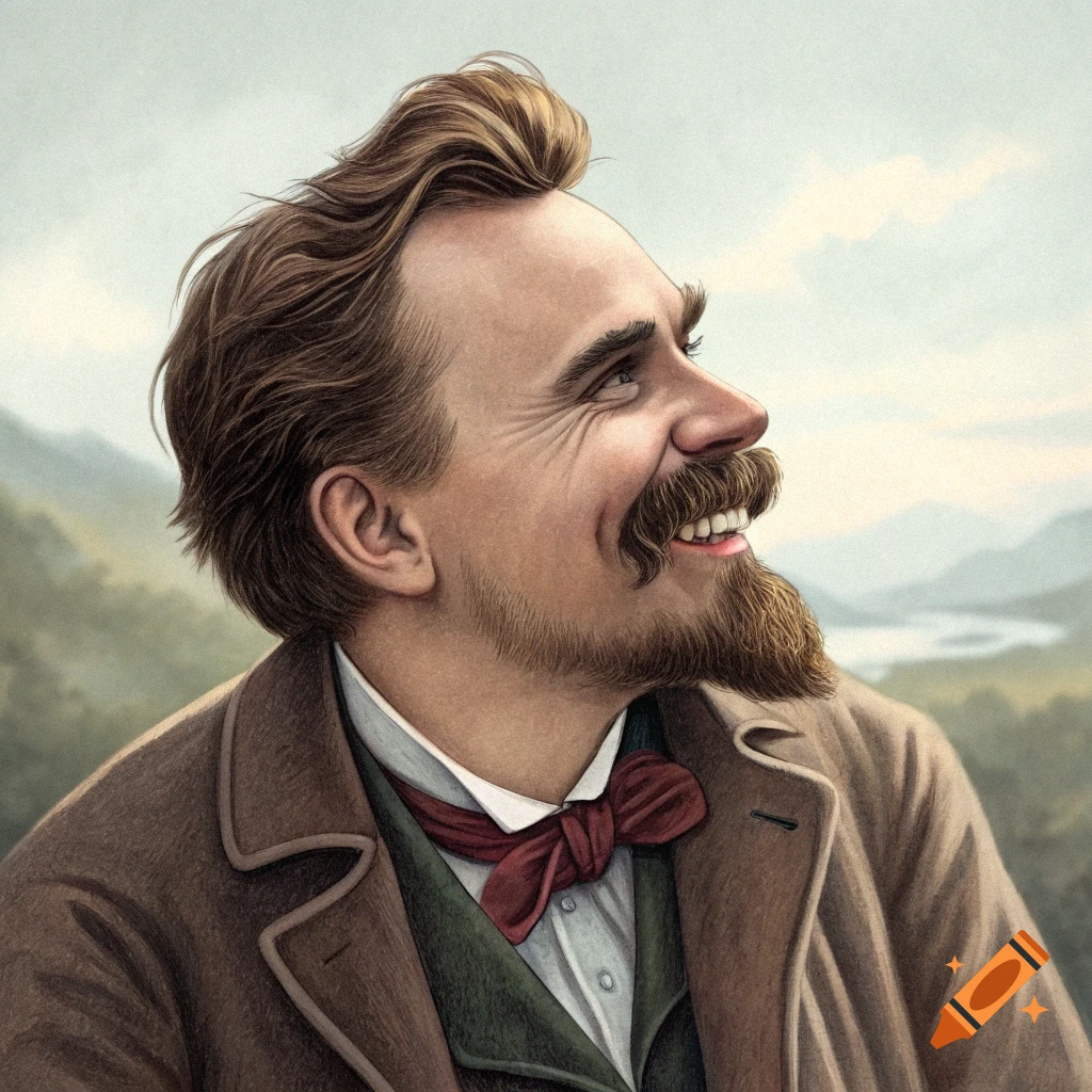 Portrait of Friedrich Nietzsche smiling, looking up at the sky in a landscape