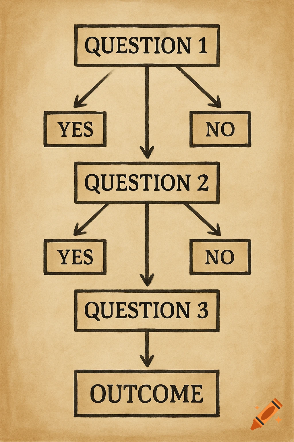 A simple flowchart diagram on a textured background showing questions, yes/no paths, and an outcome.
