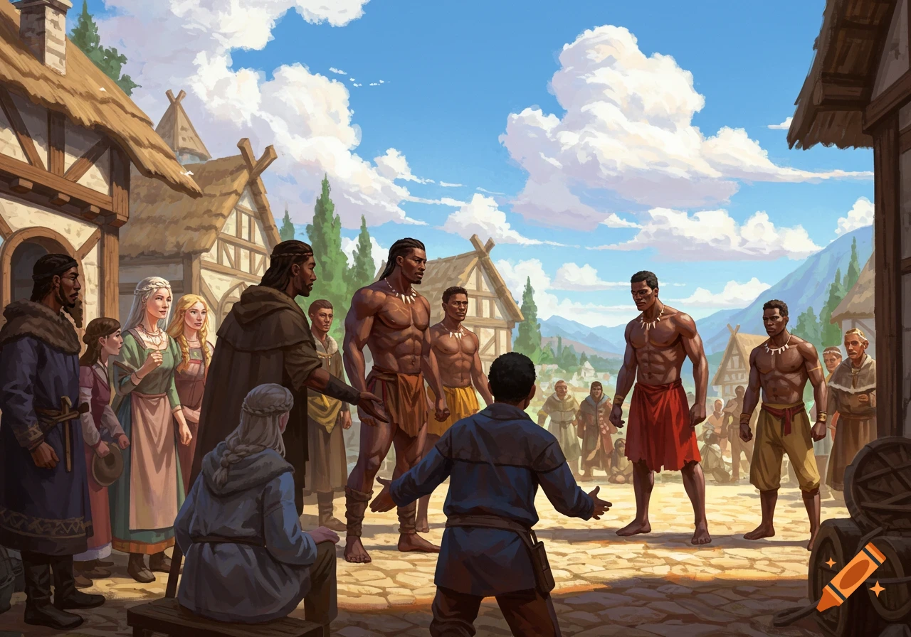 People are gathered in a sunny village square watching several muscular men in loincloths.