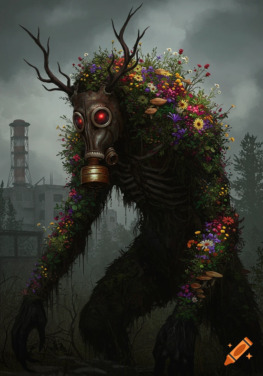 A dark creature with a gas mask head and antlers, covered in flowers, moss, and fungi, standing in a ruined industrial area like Chernobyl.