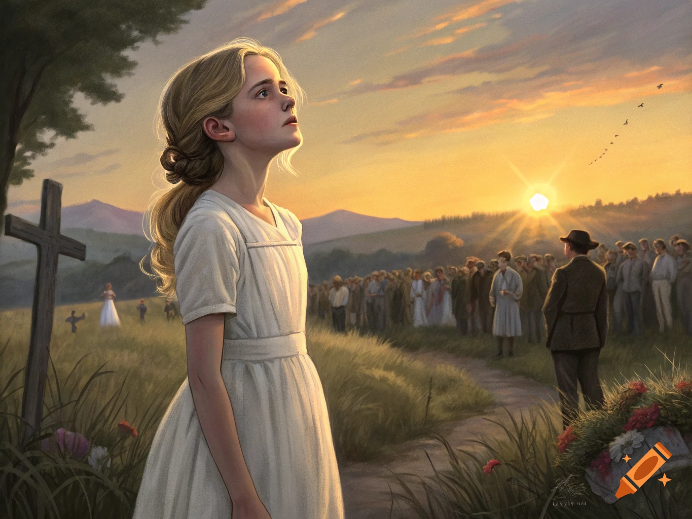 Young girl in white dress looks up at sunrise in a field with a crowd and a cross.