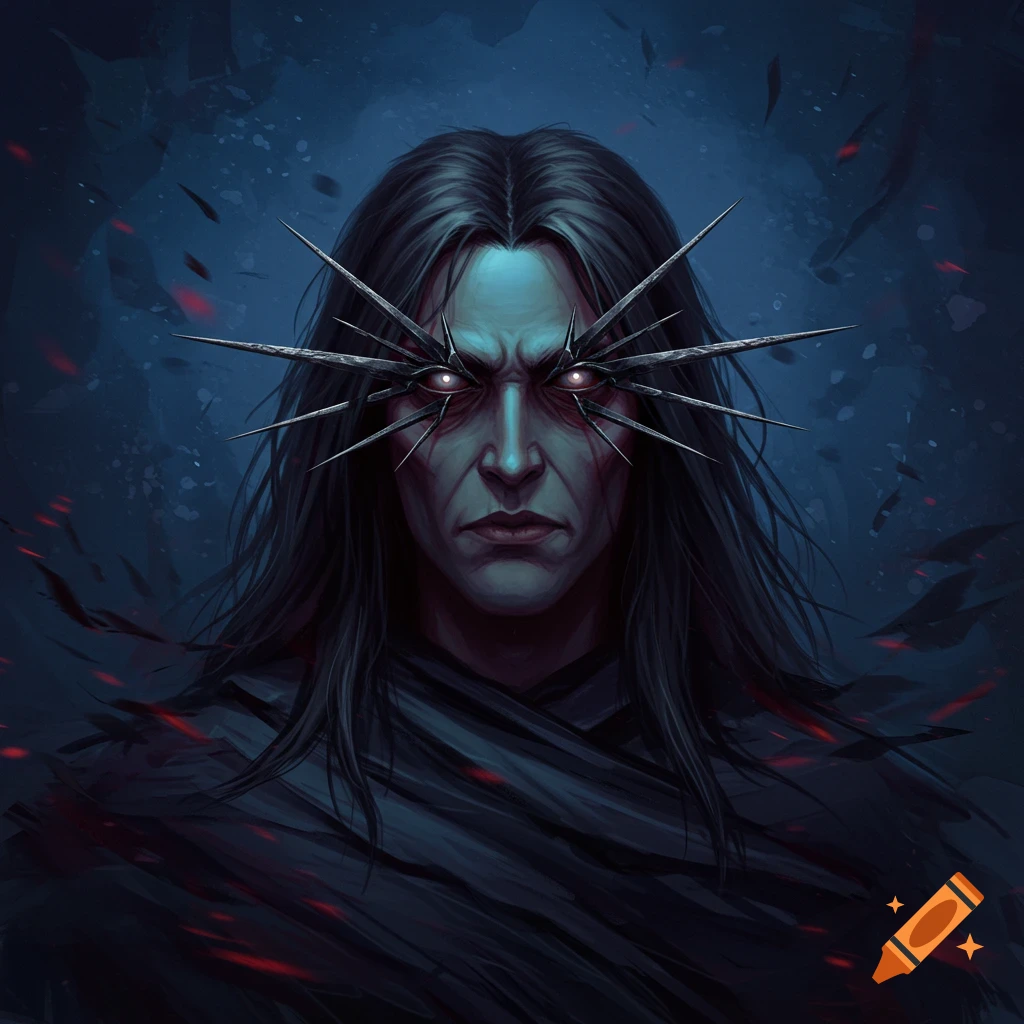 A dark figure with steel spikes around glowing eyes, wearing a cloak.