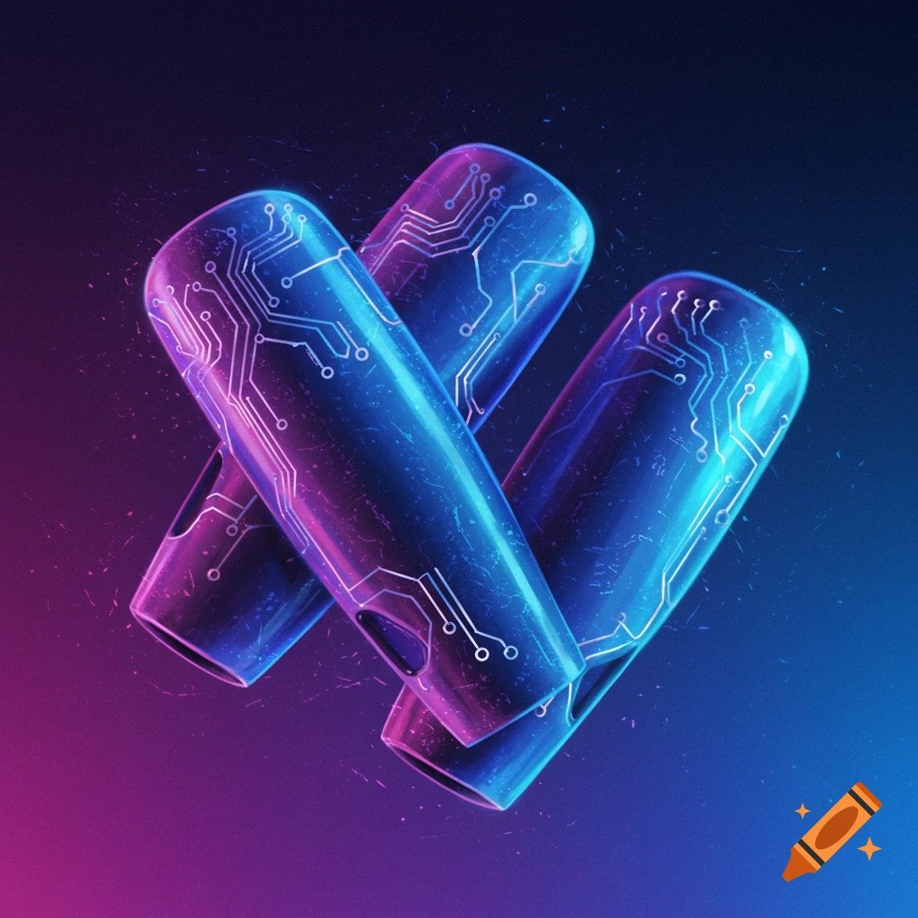 Abstract digital art of three futuristic tech cylinders with circuit patterns in blue and purple light.