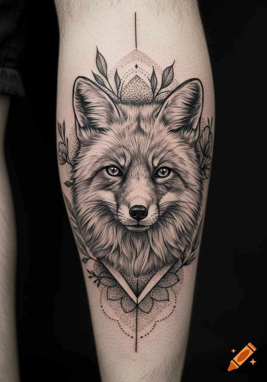 Black and grey tattoo of a fox portrait with geometric and floral elements on a leg.