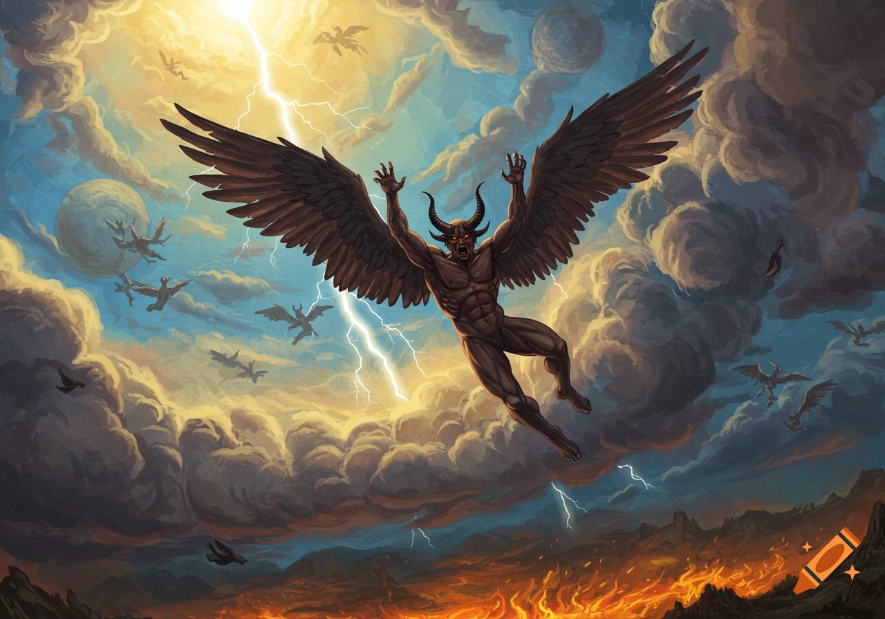 A winged demonic figure flies through a stormy sky with lightning over a fiery landscape.