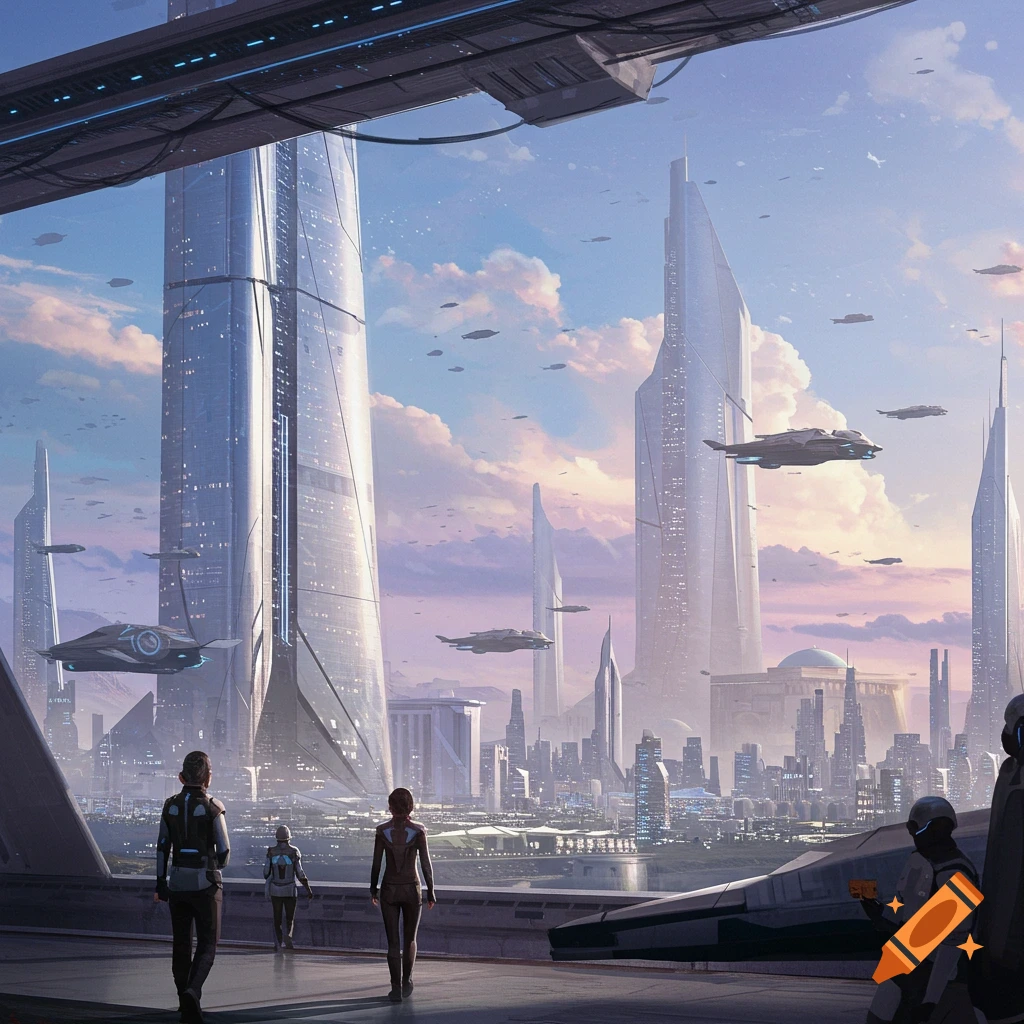 People overlooking a futuristic city with skyscrapers and flying vehicles.