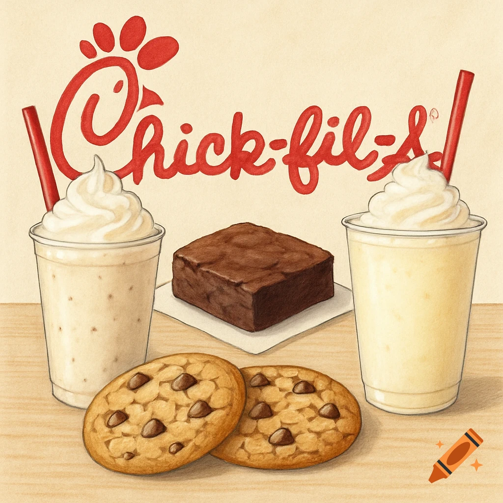 Illustration of Chick-fil-A desserts: milkshakes, brownie, cookies, with logo.