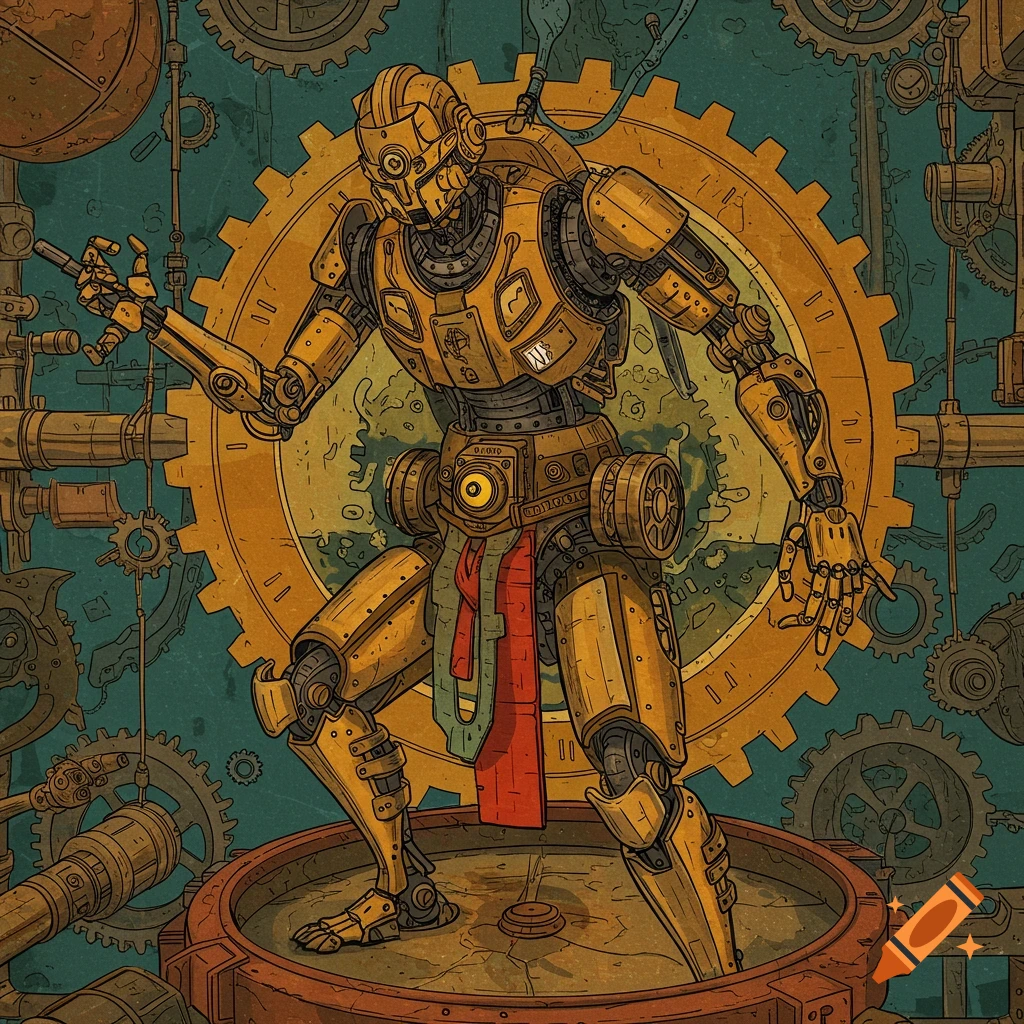 Digital illustration of a steampunk robot posing in front of a large gear amidst pipes and machinery.