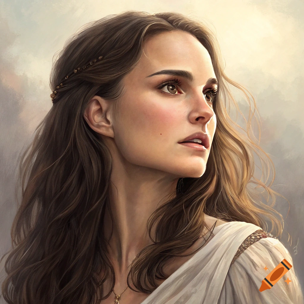 A woman with long brown hair wearing a white dress, looking up.