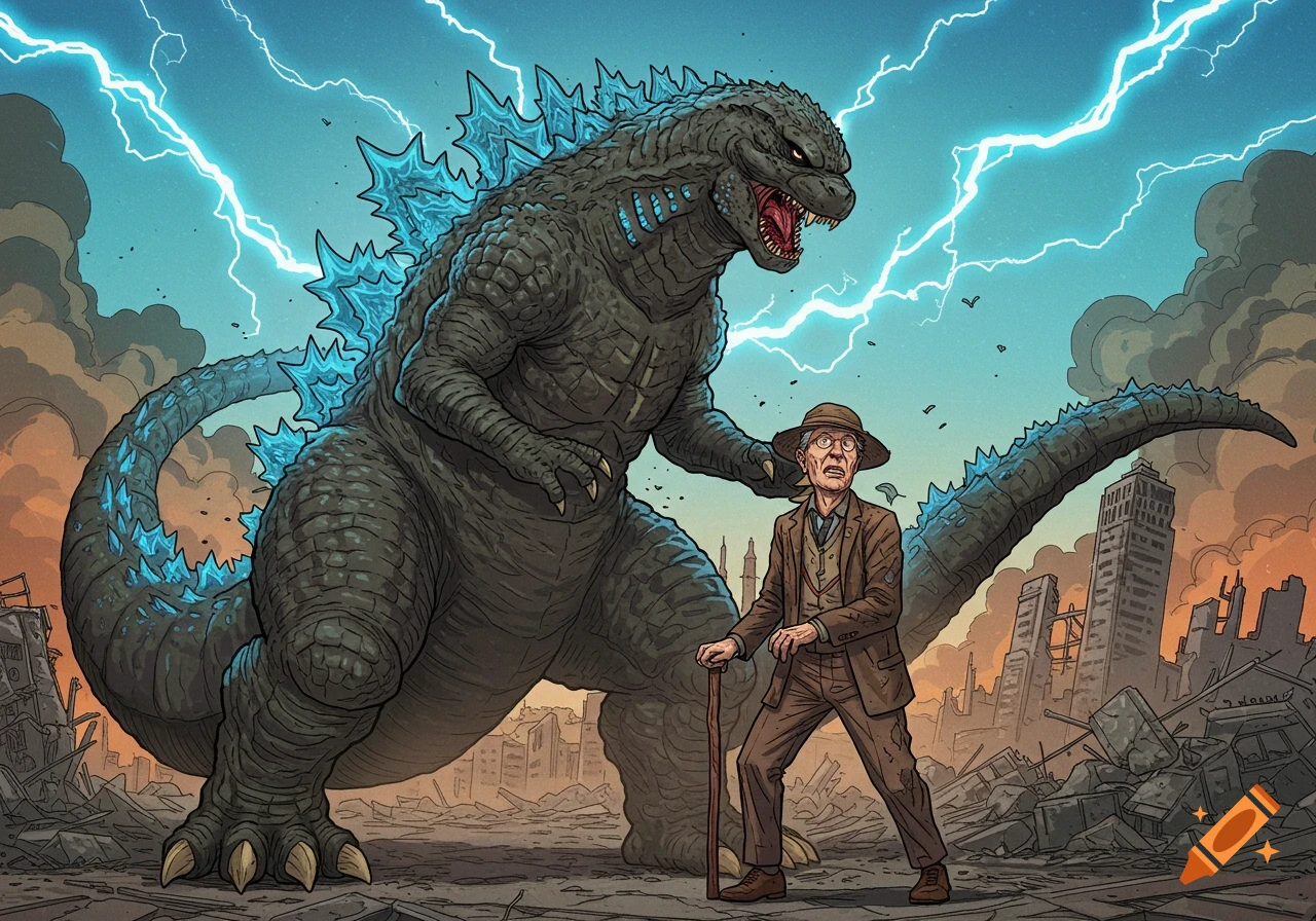 Godzilla stands over an old man in a destroyed city with lightning in a comic art style.