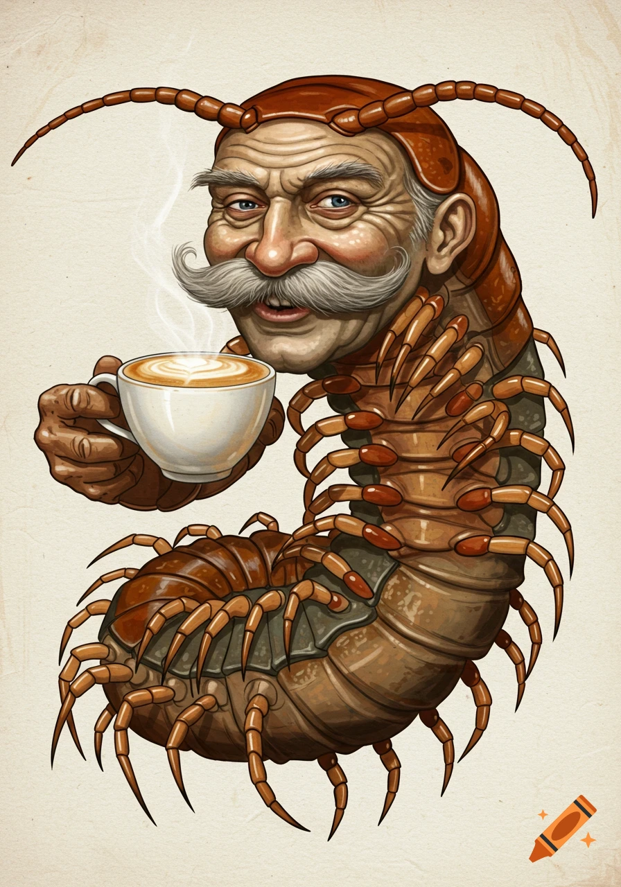 A centipede with an old man's face and mustache holding a cappuccino.