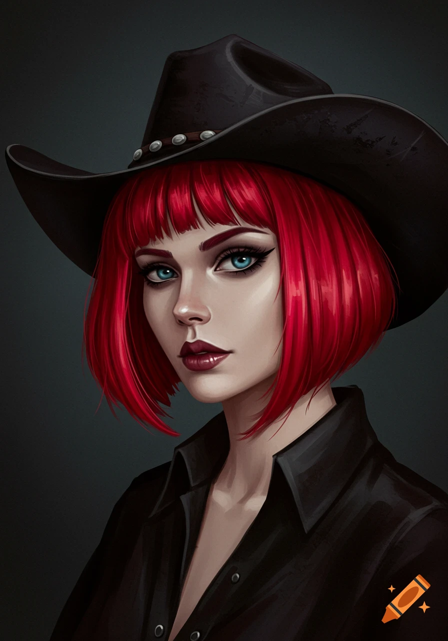 Painting of a woman with red hair wearing a black cowboy hat.
