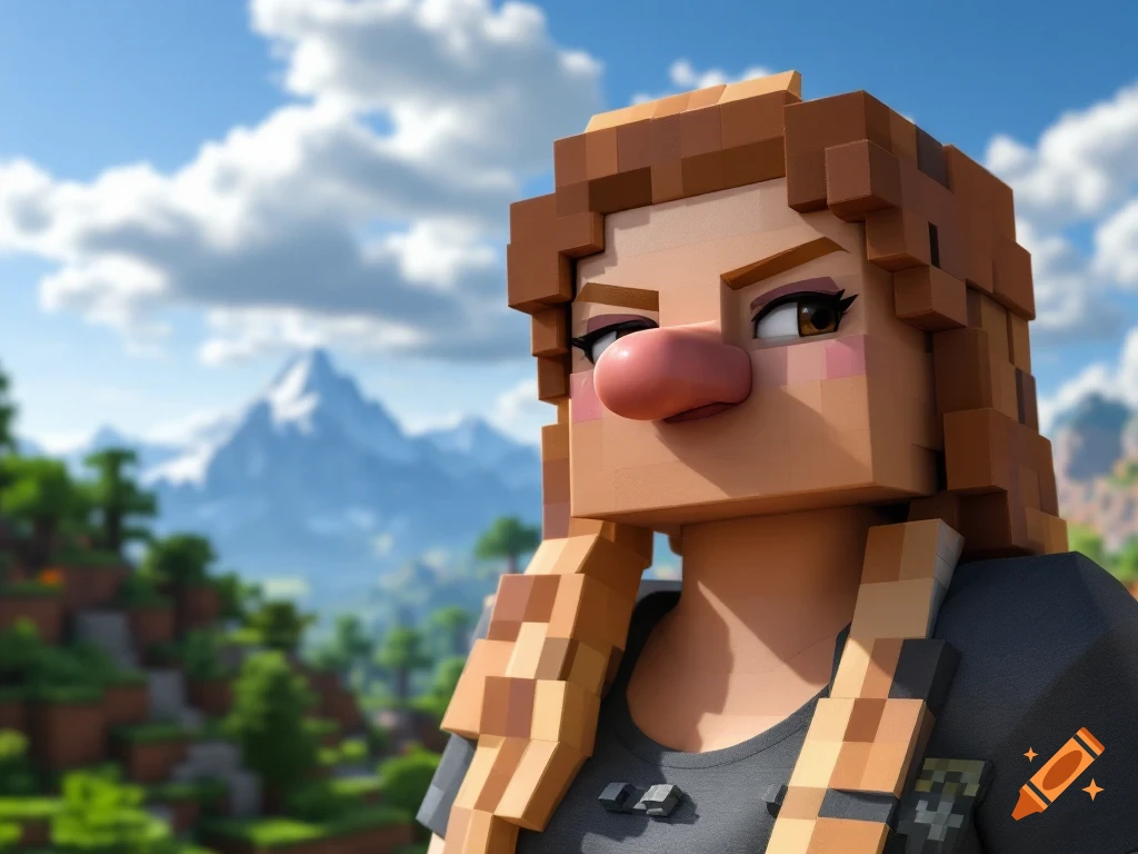 A blocky Minecraft villager character based on Jennifer Coolidge with a large nose in a realistic looking Minecraft world landscape.