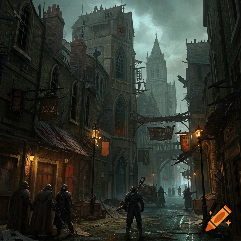 A dark, rainy, gothic city street is depicted with armored figures and tall, detailed buildings.