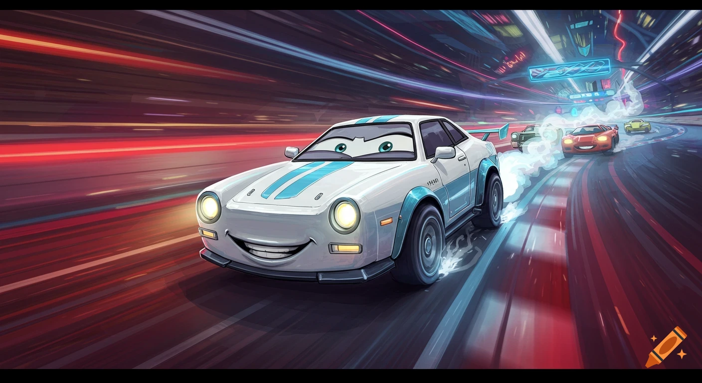 Cartoon white and blue race car with eyes and mouth leads a race in a blurry night city.