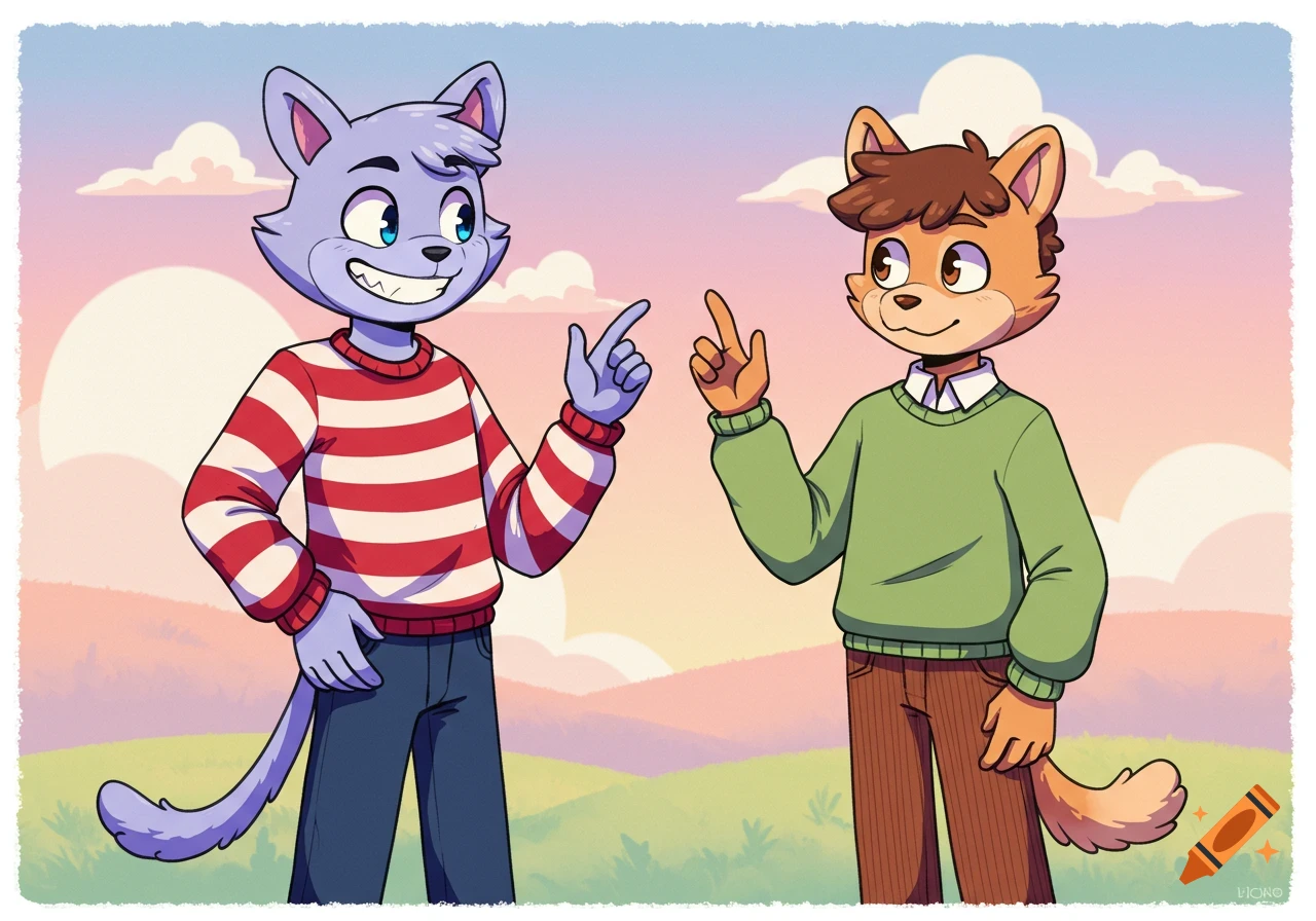 Cartoon of a cat and a dog pointing at each other in a sunset landscape.
