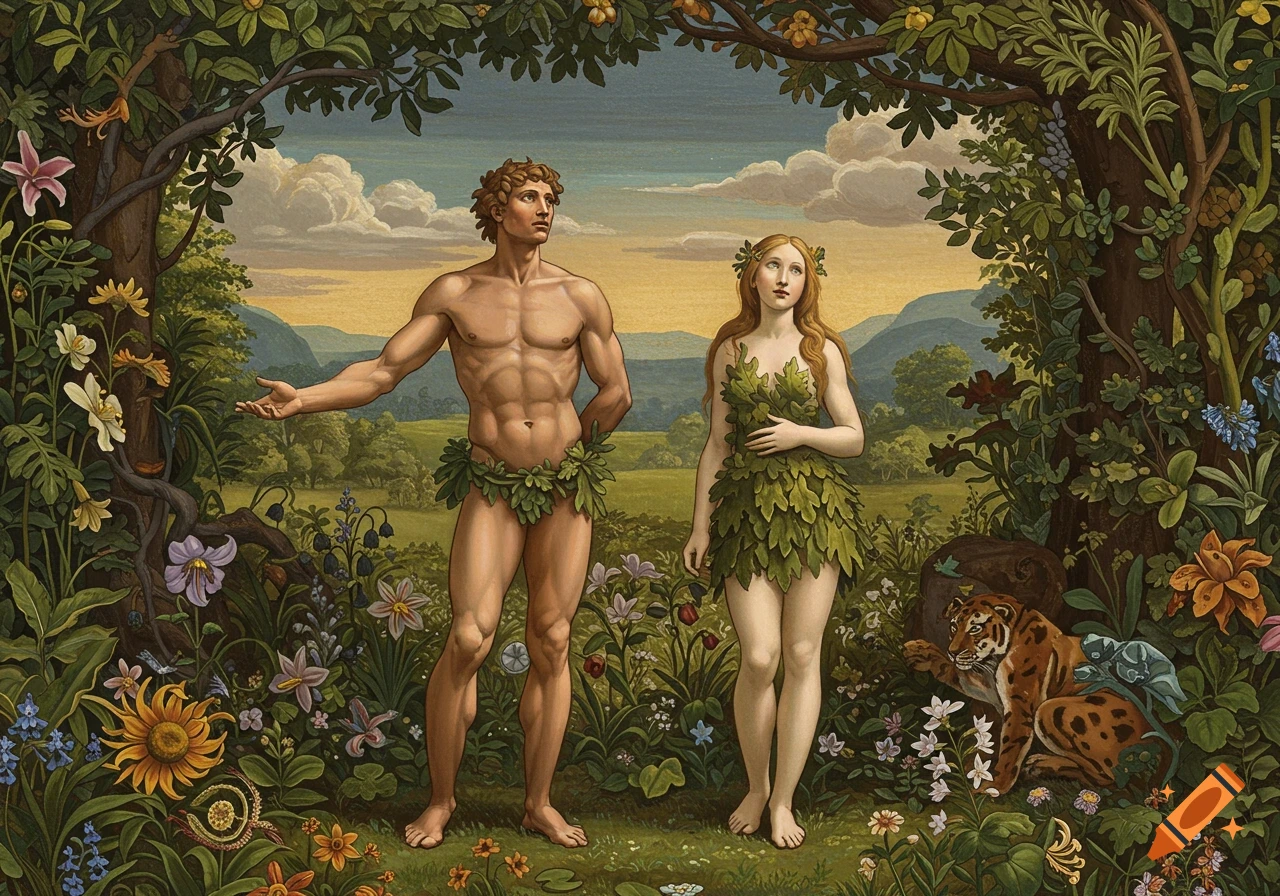 Detailed painting of Adam and Eve in the Garden of Eden covered in leaves, surrounded by plants and a tiger.