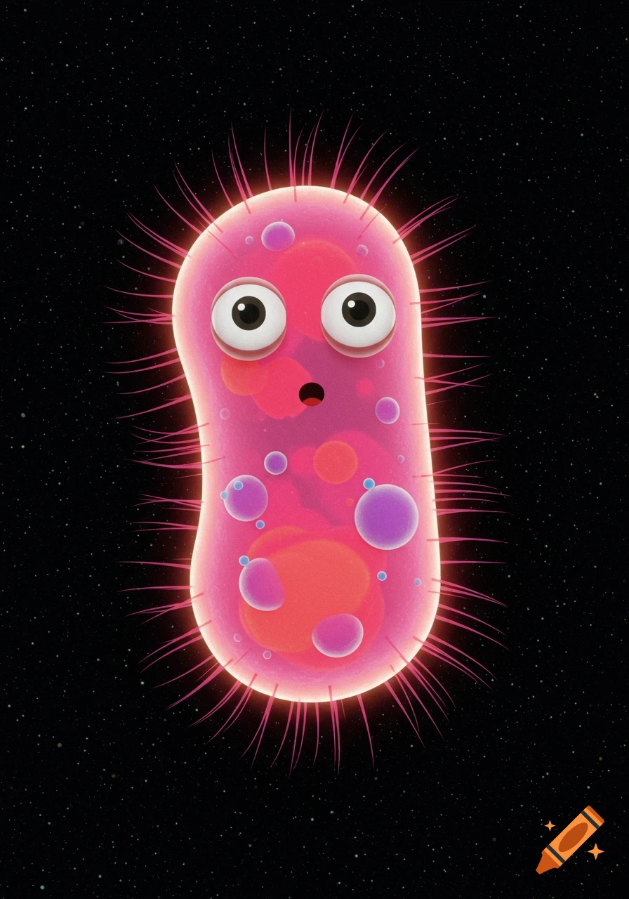 A surprised cartoon pink bacteria with eyes floats in a dark, starry background.