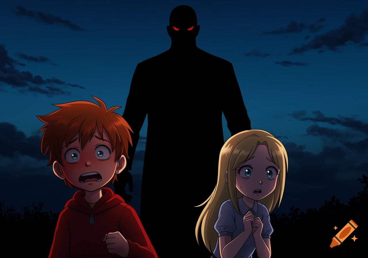 Anime illustration of two scared children in front of a tall, dark silhouette at dusk.