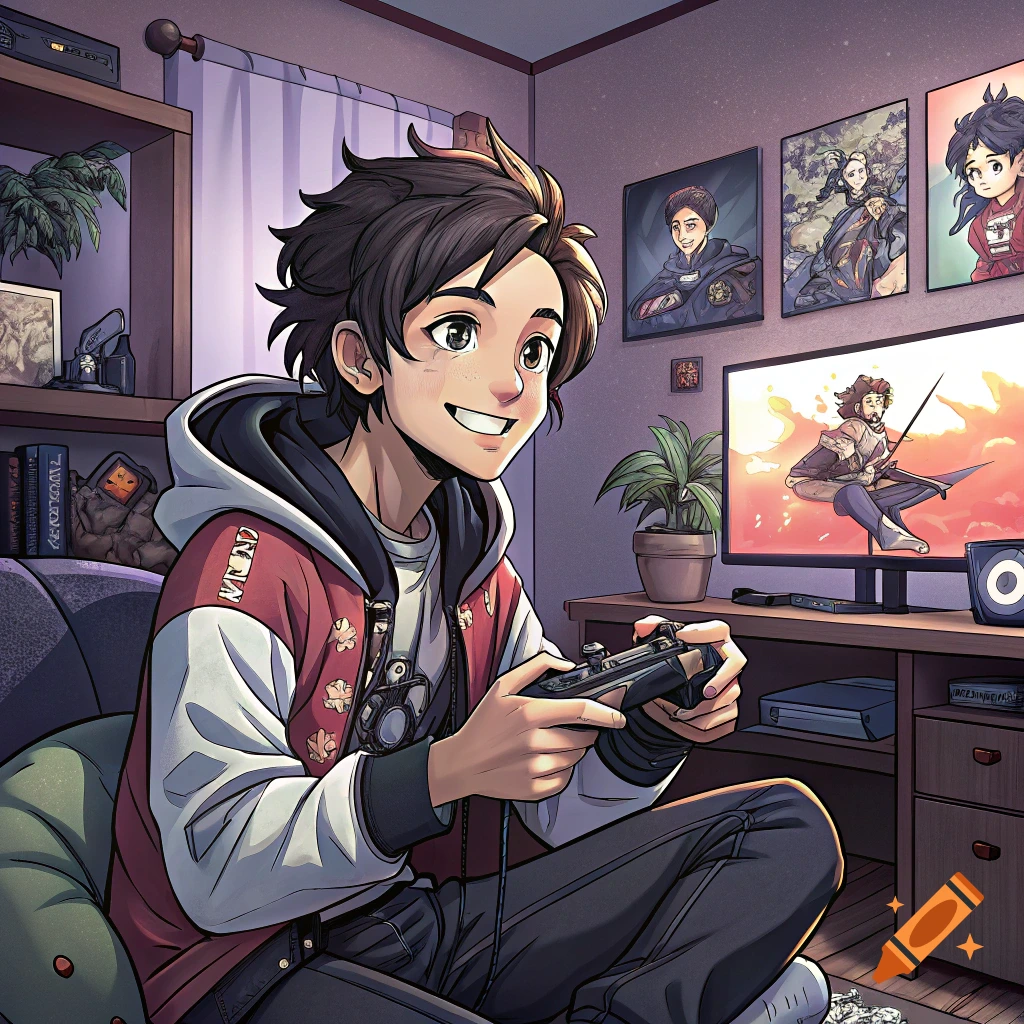 Anime style image of a boy playing video games in a room.