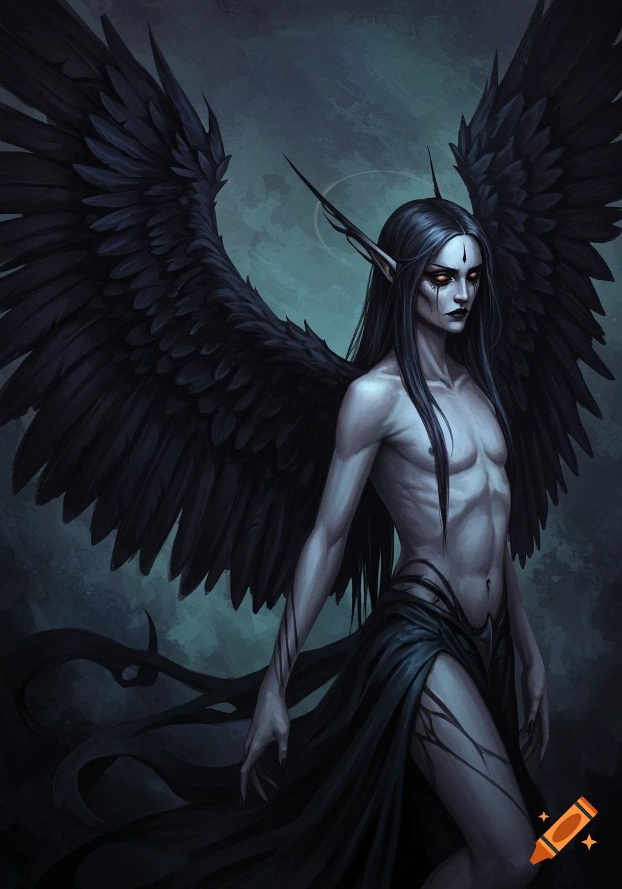 A dark fantasy figure with black wings, pale skin, red eyes, and long dark hair, wearing dark cloth.
