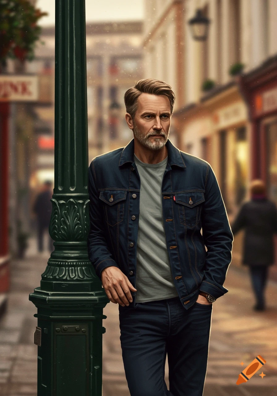 A man in a denim jacket leans against a green lamp post on a blurry street.