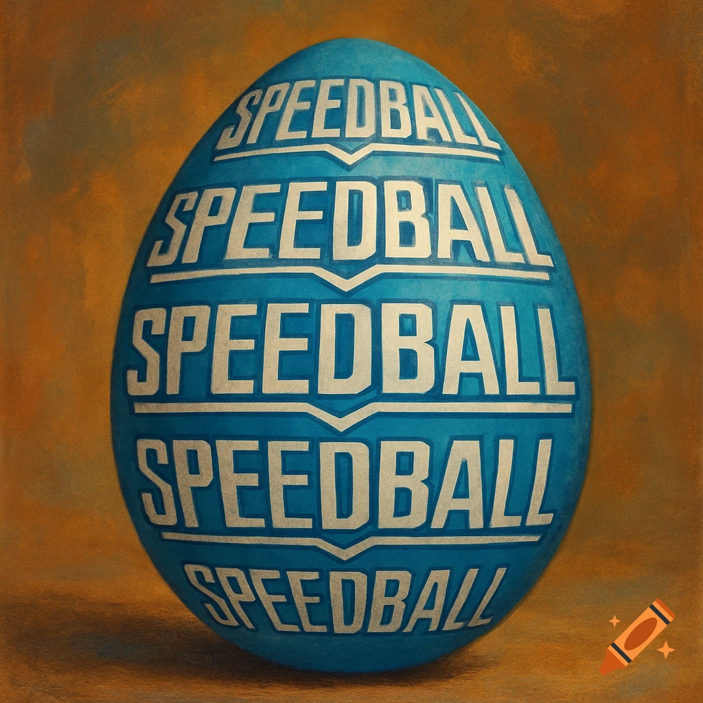 A blue egg with repeating SPEEDBALL logos.