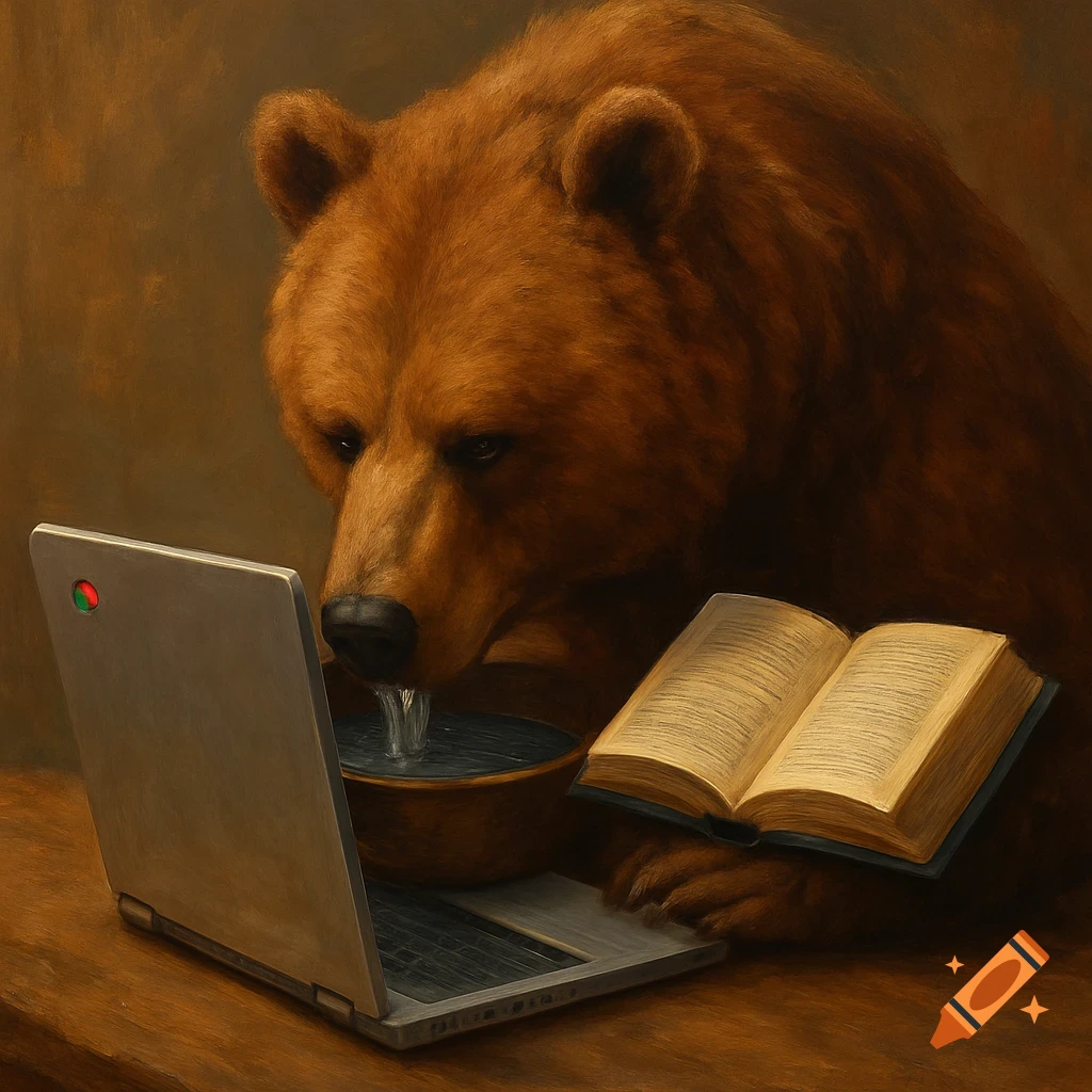 A bear looks at a laptop, holds an open book, and drinks from a bowl.