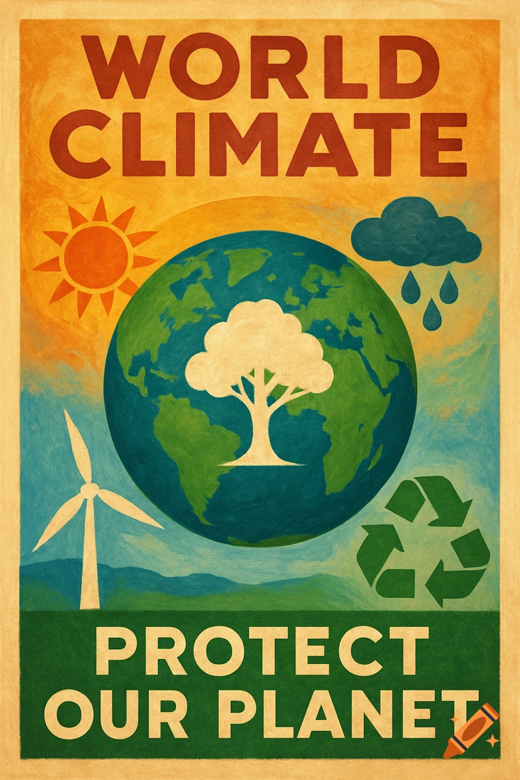 A climate change poster with a globe, sun, rain cloud, windmill, recycle symbol, and text.