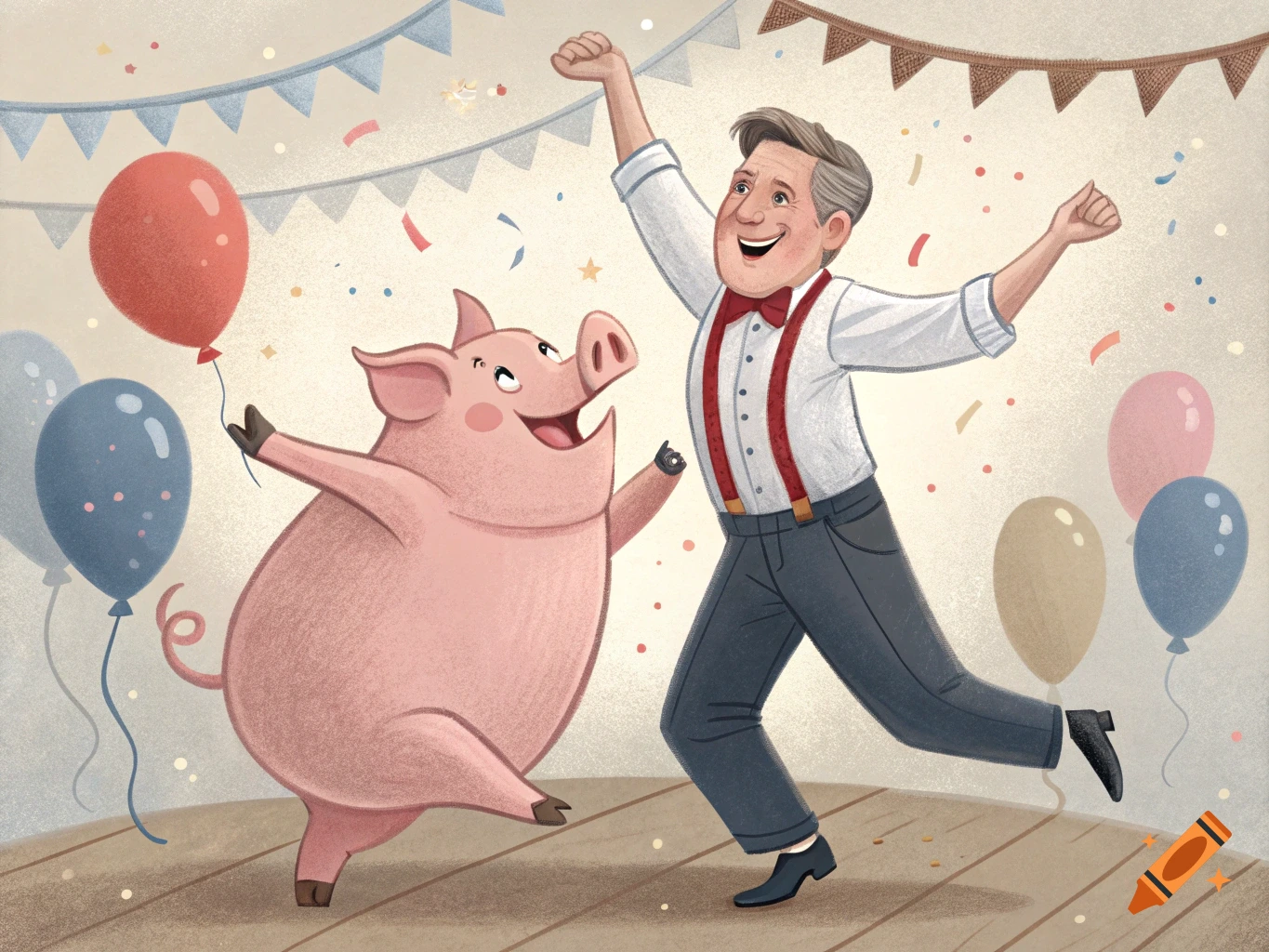 A man and a pink pig happily dance together surrounded by balloons and confetti in a cartoon style illustration.