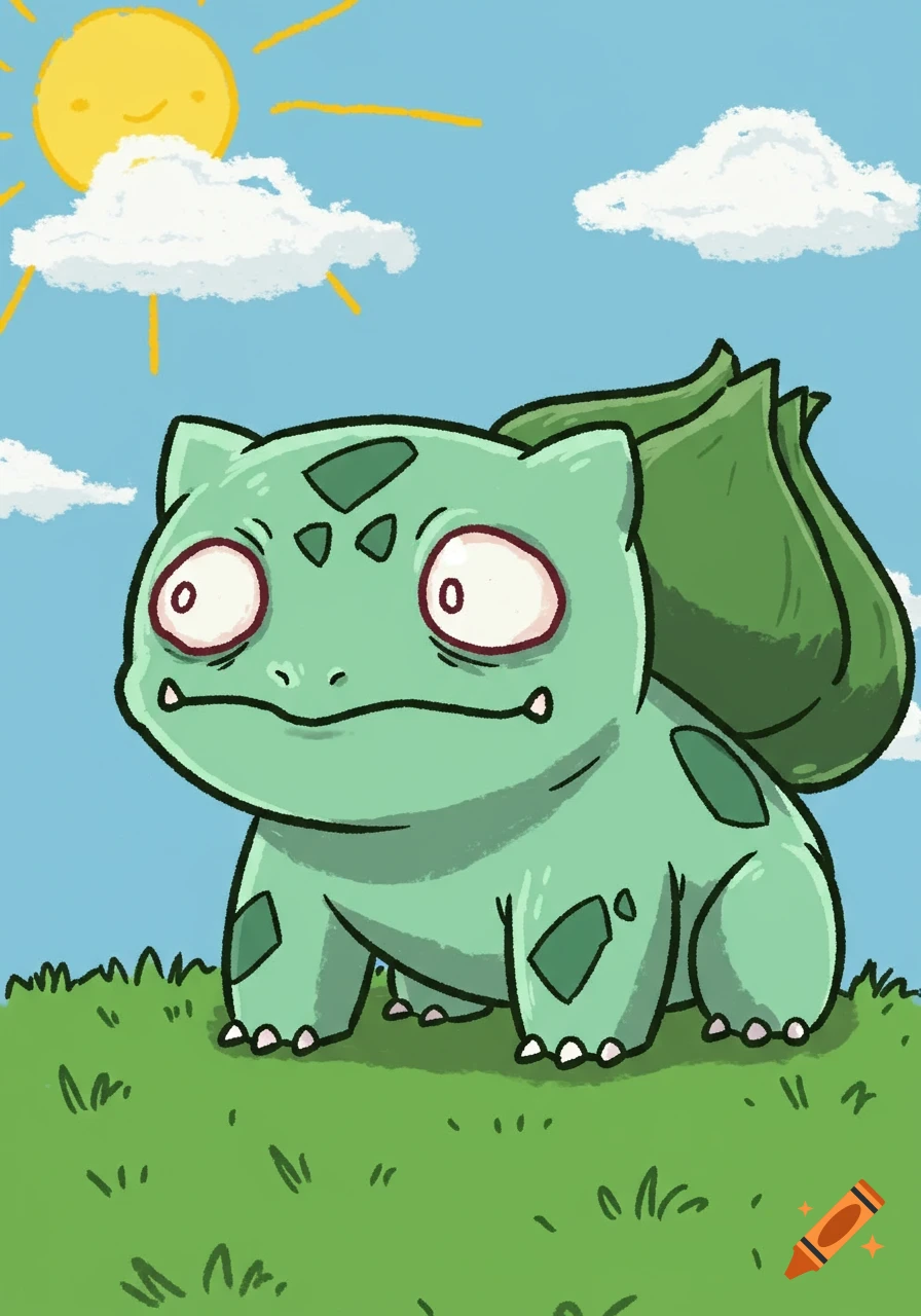 Cartoon Bulbasaur with a derpy face sits in a grassy field under a smiling sun.