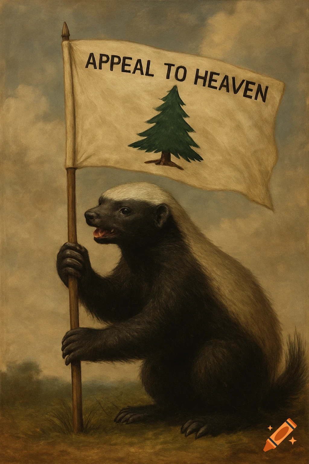 A honey badger holding an "Appeal to Heaven" flag with a pine tree.