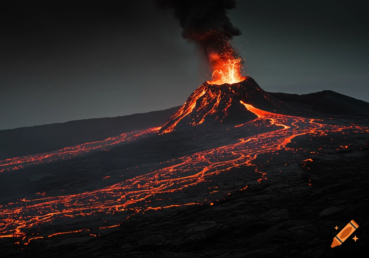 Photorealistic image of a volcano erupting at night, with glowing lava flows