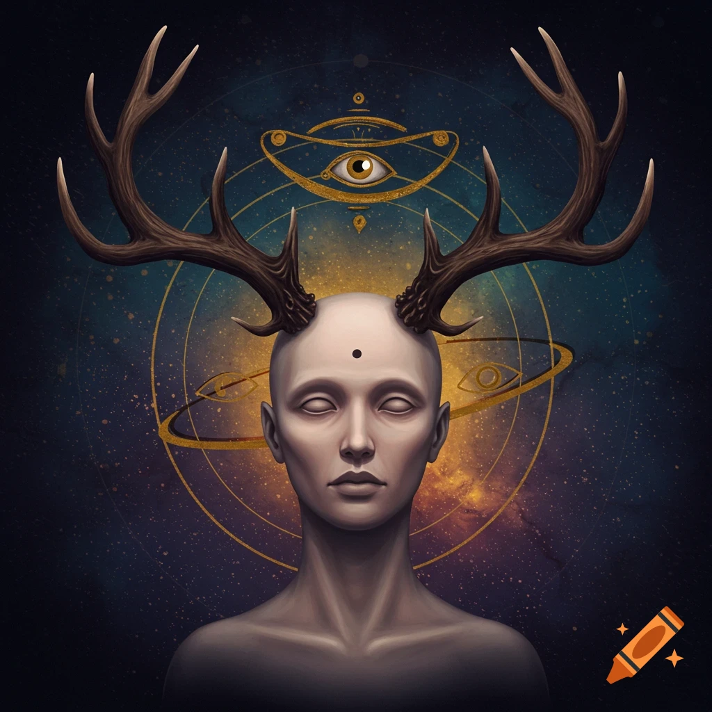 A bald humanoid figure with stag antlers, closed eyes, and a dot on its forehead, surrounded by cosmic and golden eye-like symbols.