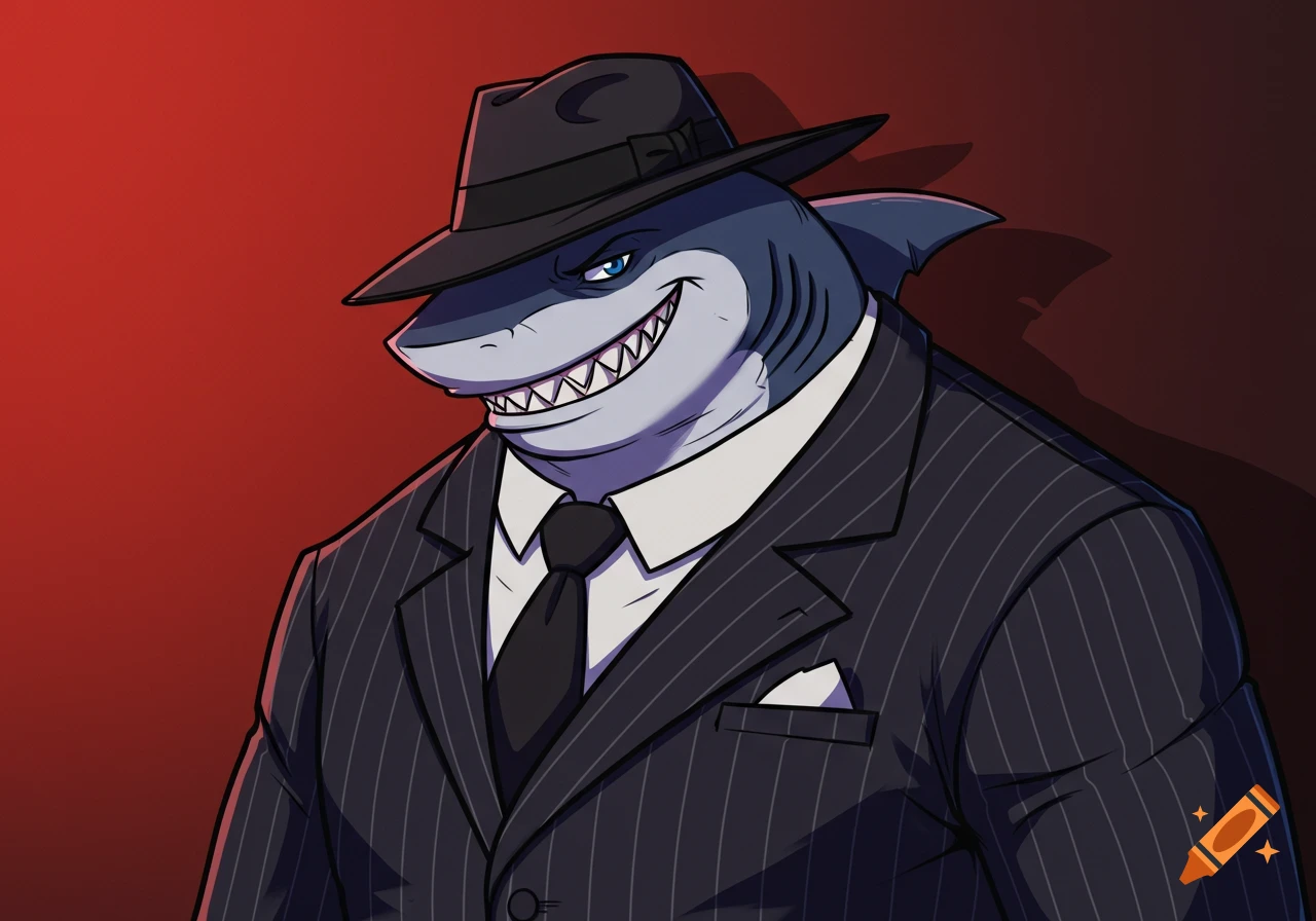 An anthropomorphic shark dressed in a pinstripe suit and fedora in anime style