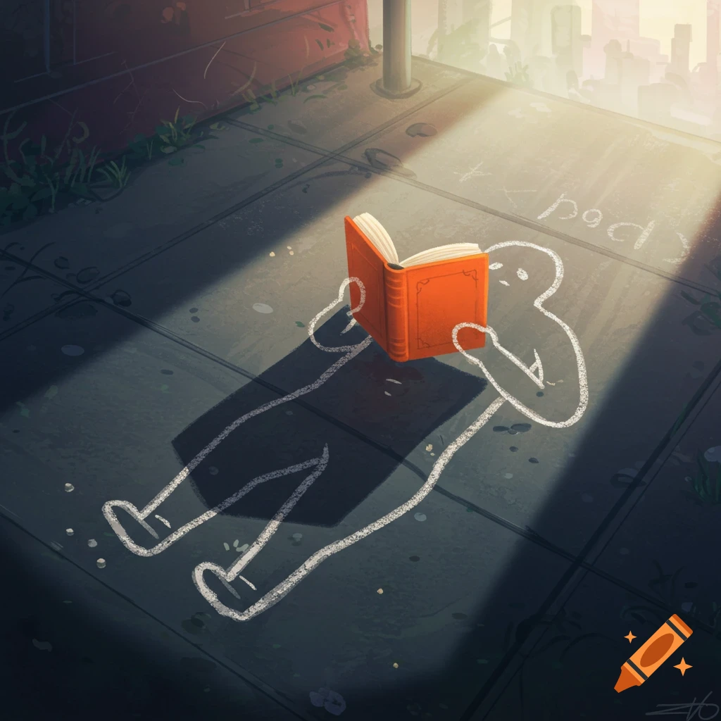 A chalk outline figure is lying on the ground reading an orange book in a sunlit street.