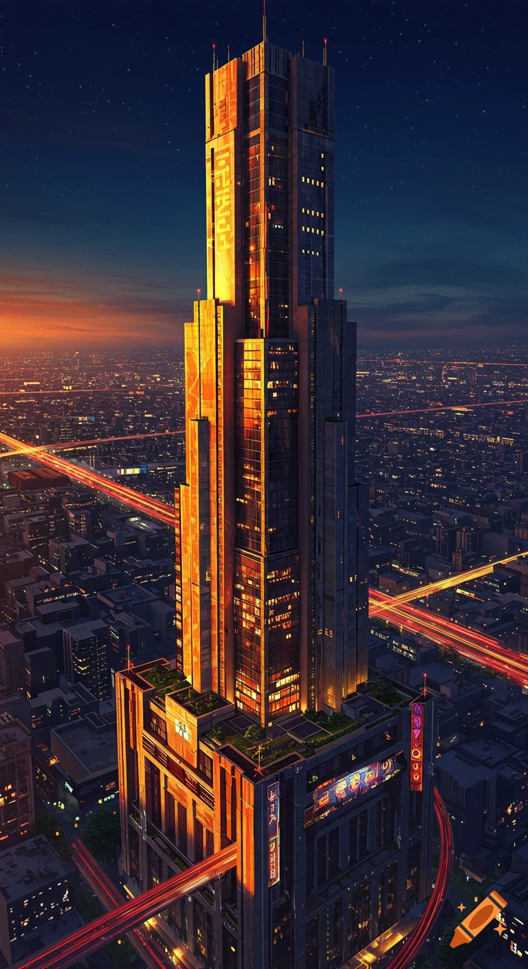 A futuristic skyscraper in a city at night