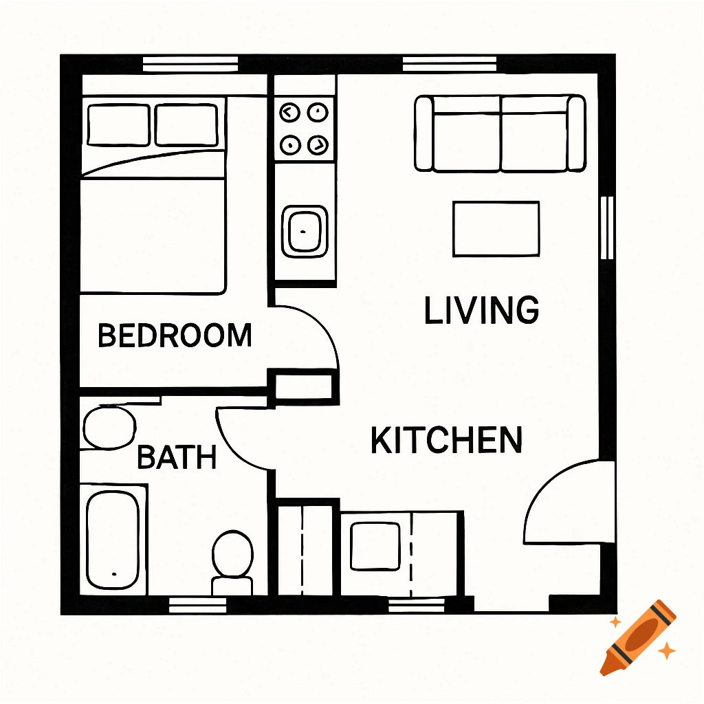 Black and white line drawing of a tiny home floor plan with room labels.