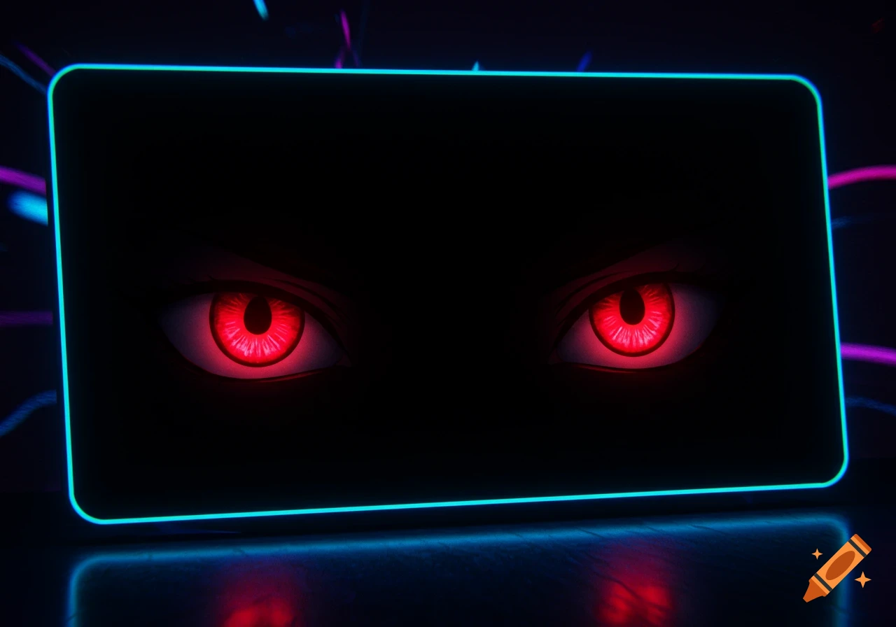 Anime-style red eyes glowing on a screen with neon lights