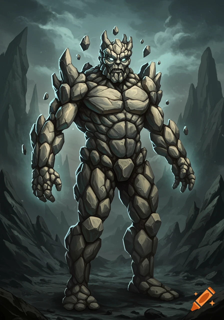 A muscular rock creature with glowing eyes stands in a dark, rocky landscape.