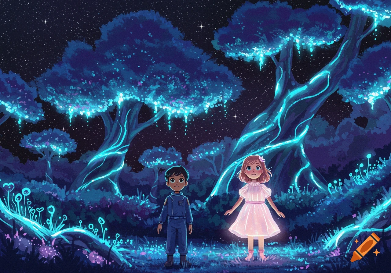 Two children are in a glowing blue fantasy forest under a starry sky.