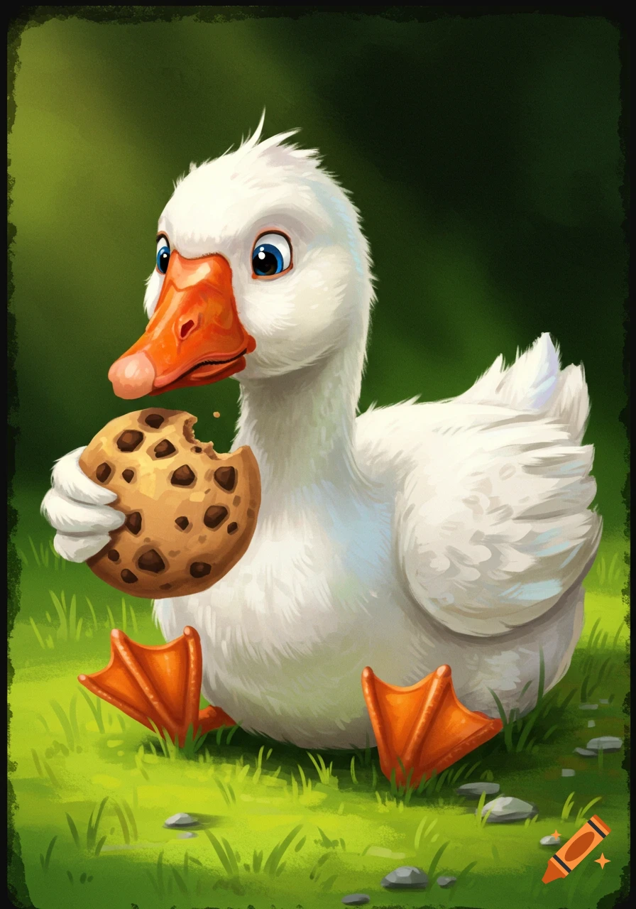 A cartoon goose sits in grass eating a chocolate chip cookie.