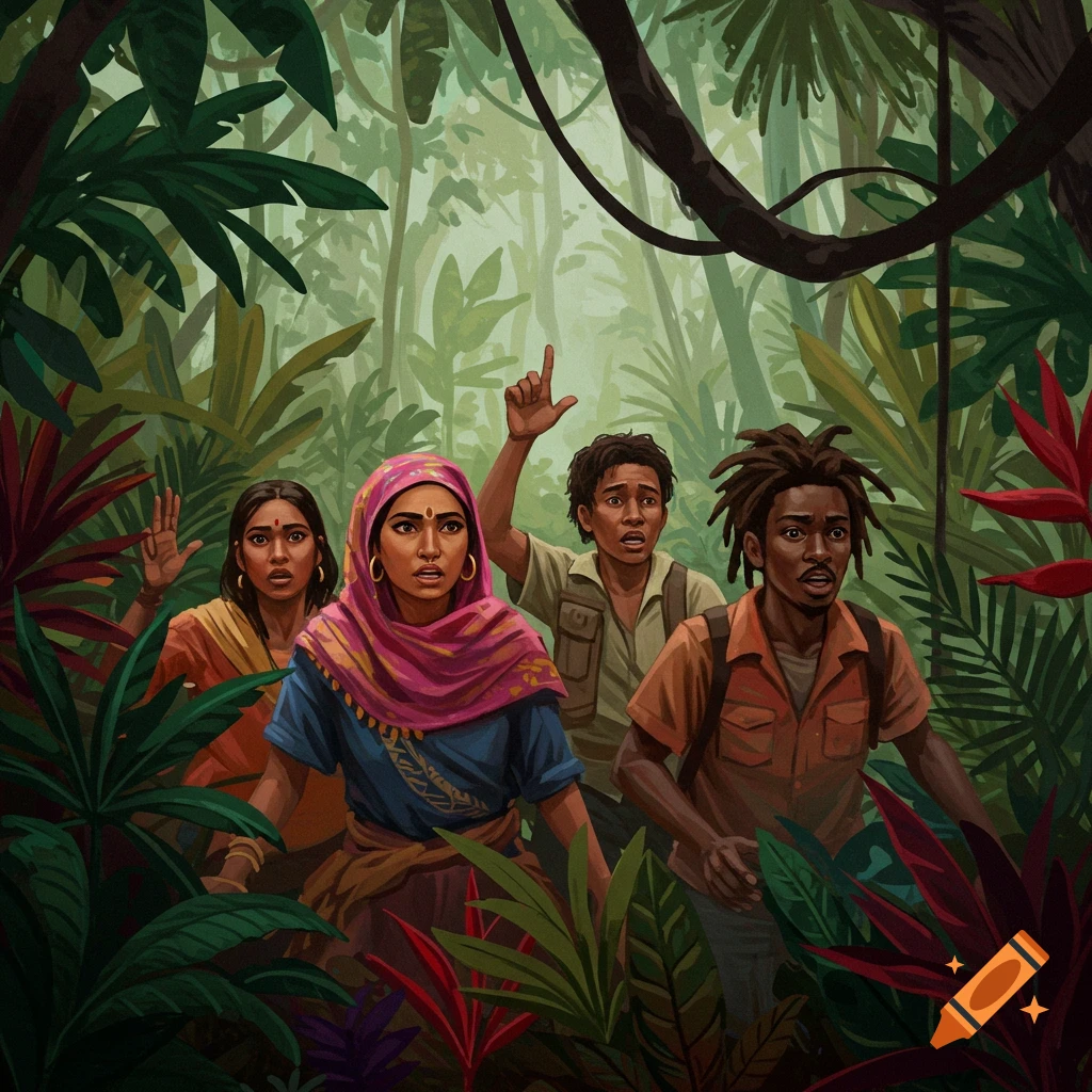 Four people look scared, raising hands in a dense jungle.