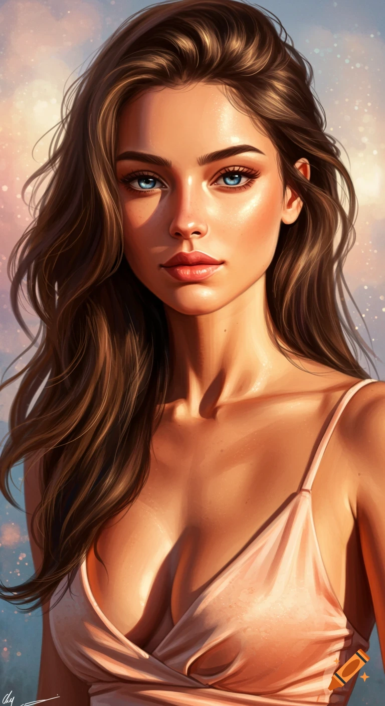 A beautiful young woman with blue eyes and long brown hair, wearing a low-cut top, with a dreamy pastel background.