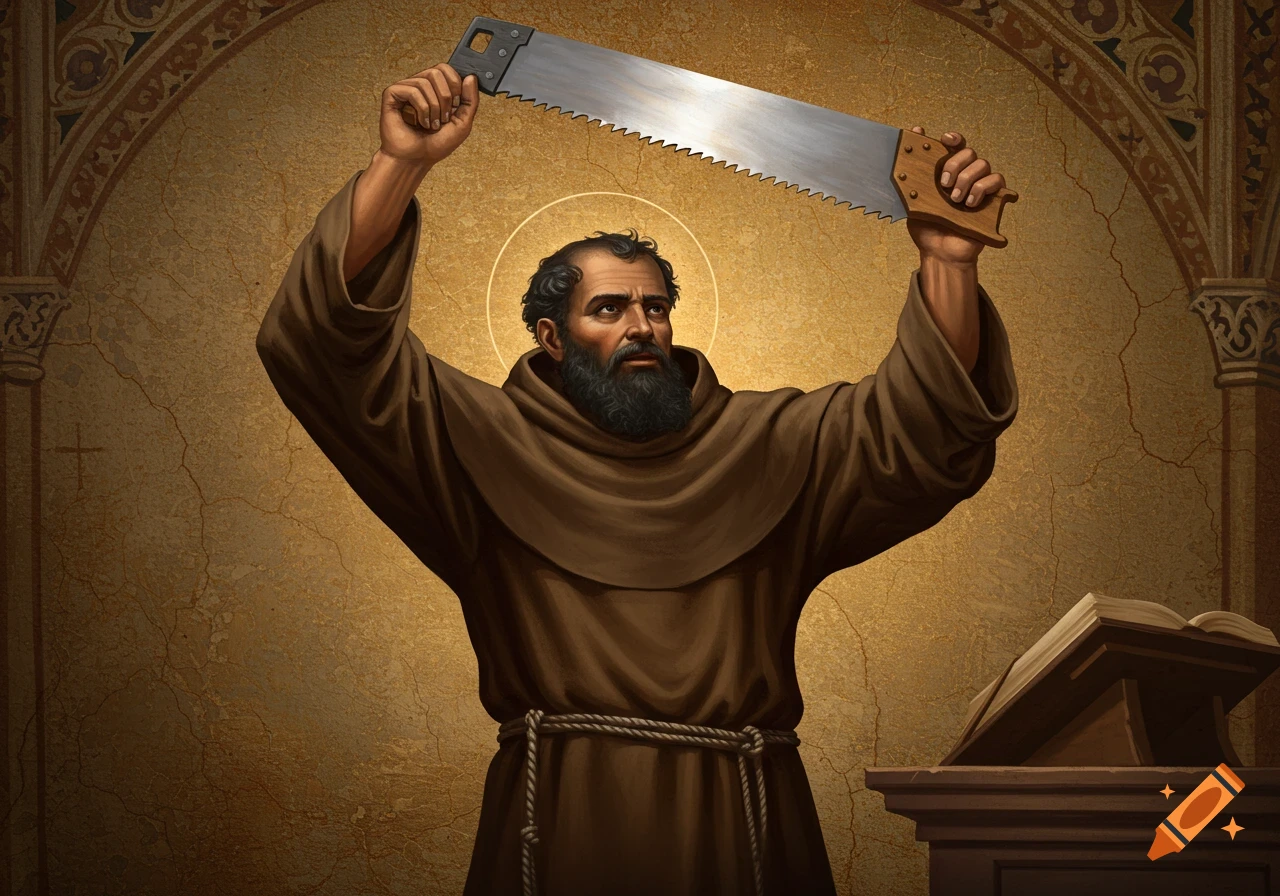 Saint Simon in a brown robe holding a large saw overhead, standing near a book stand.