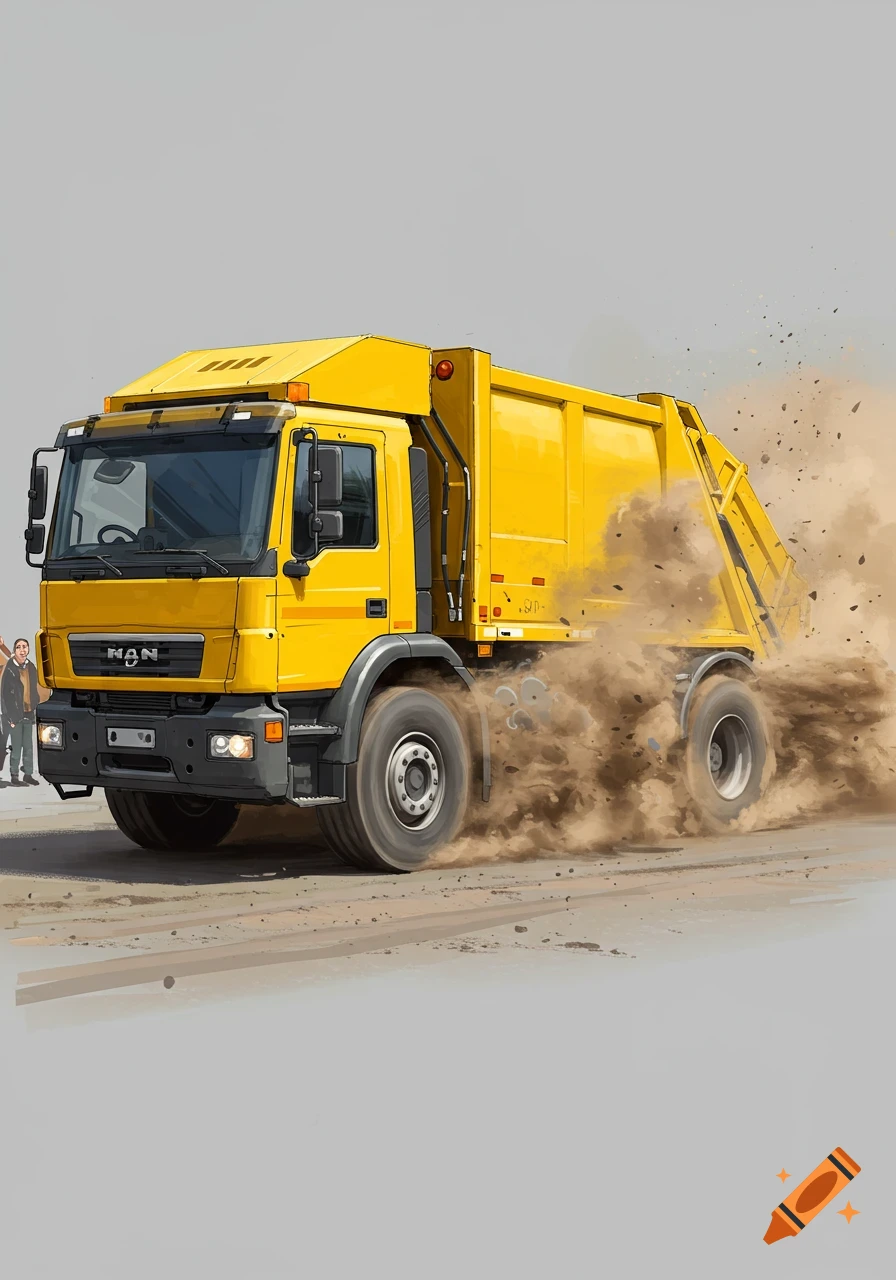 A yellow garbage truck spins its tires, kicking up dirt.